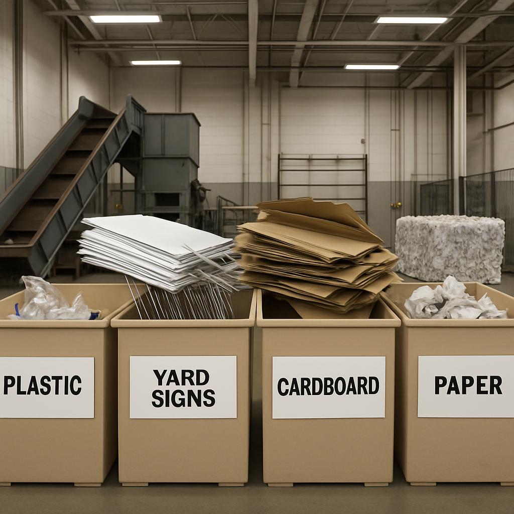 Warehouse with various types of recyclable materials in bins.