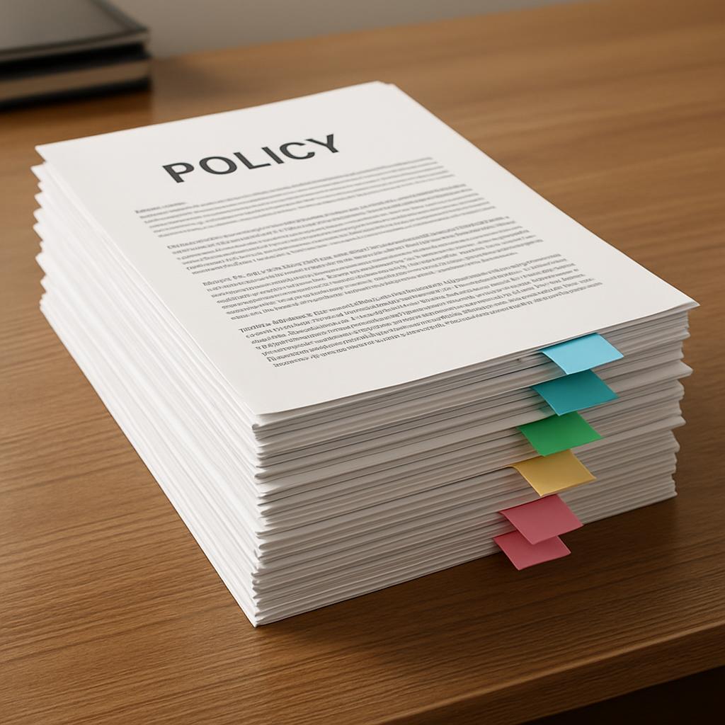 A stack of papers labeled 'policy' with colored tabs.